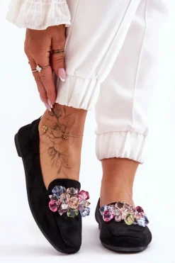 Zamszowe Mokasyny Z Ozdobnymi Kryształami Czarne Arvilla