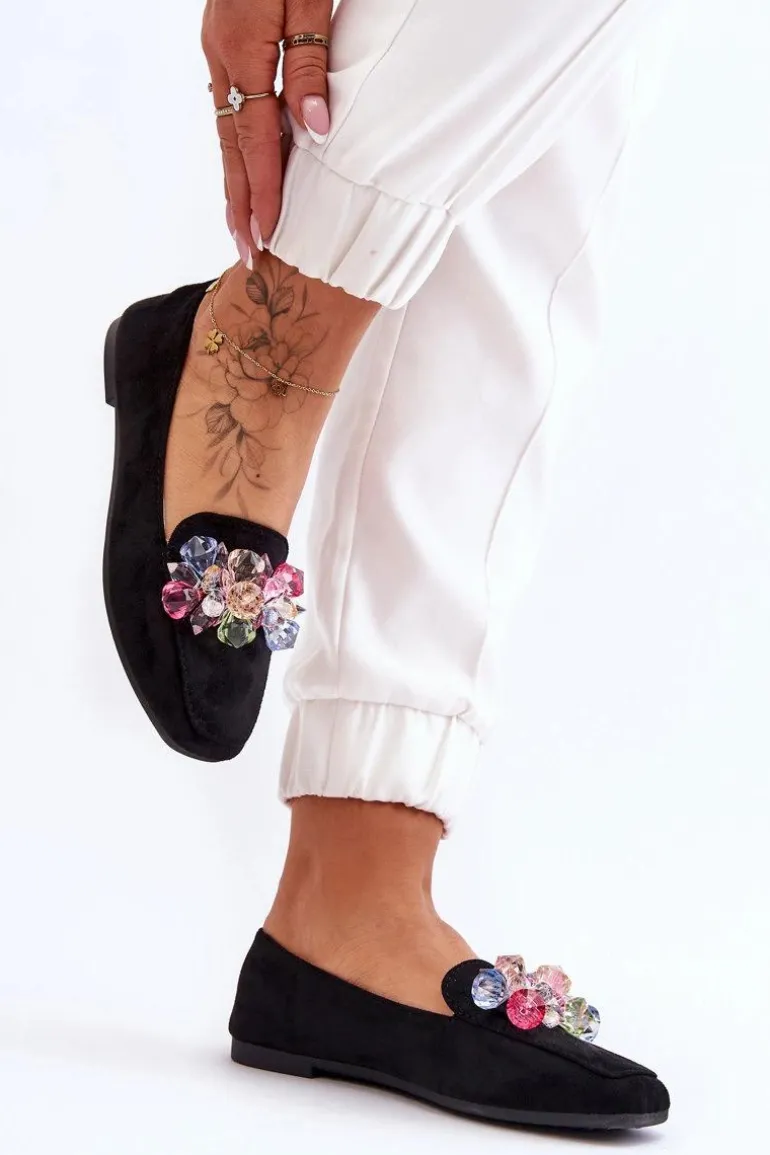 Zamszowe Mokasyny Z Ozdobnymi Kryształami Czarne Arvilla