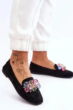 Zamszowe Mokasyny Z Ozdobnymi Kryształami Czarne Arvilla