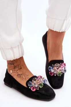 Zamszowe Mokasyny Z Ozdobnymi Kryształami Czarne Arvilla