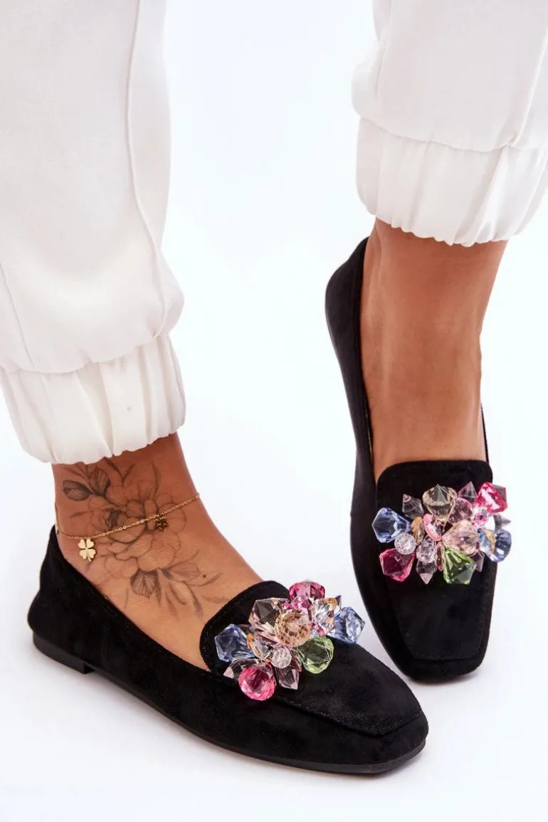 Zamszowe Mokasyny Z Ozdobnymi Kryształami Czarne Arvilla