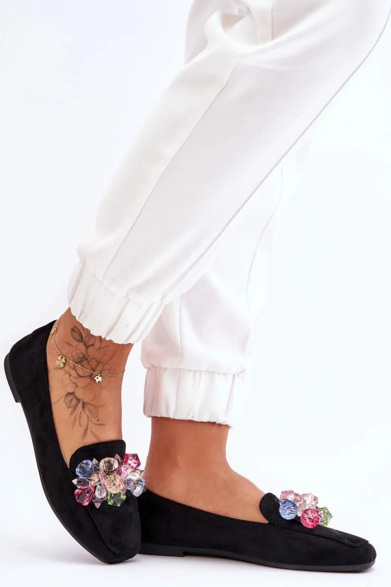 Zamszowe Mokasyny Z Ozdobnymi Kryształami Czarne Arvilla