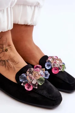 Zamszowe Mokasyny Z Ozdobnymi Kryształami Czarne Arvilla