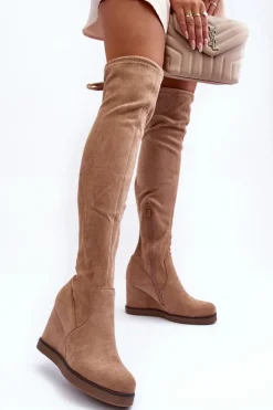 Zamszowe Muszkieterki Kozaki Na Koturnie Beżowe Mephal