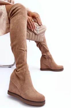 Zamszowe Muszkieterki Kozaki Na Koturnie Beżowe Mephal