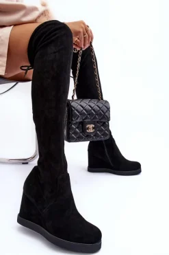 Zamszowe Muszkieterki Kozaki Na Koturnie Czarne Mephal