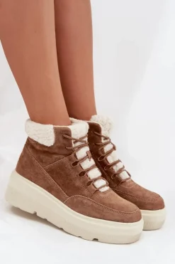 Zamszowe Śniegowce Damskie Z Kożuszkiem Na Platformie Vinceza 95354 Camel