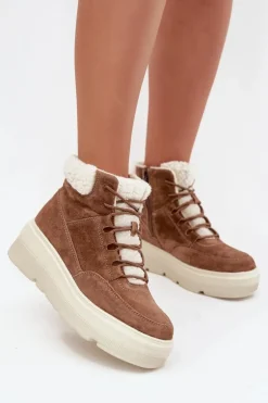 Zamszowe Śniegowce Damskie Z Kożuszkiem Na Platformie Vinceza 95354 Camel
