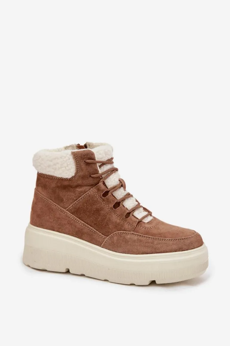Zamszowe Śniegowce Damskie Z Kożuszkiem Na Platformie Vinceza 95354 Camel