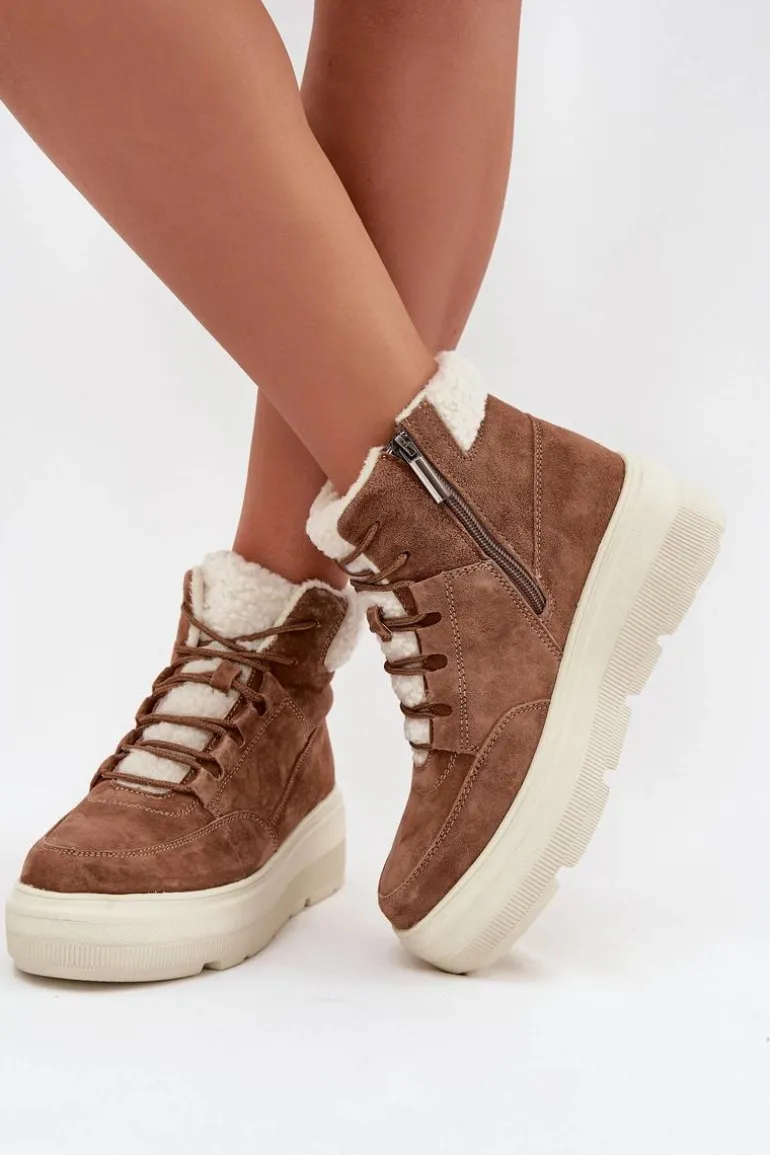 Zamszowe Śniegowce Damskie Z Kożuszkiem Na Platformie Vinceza 95354 Camel