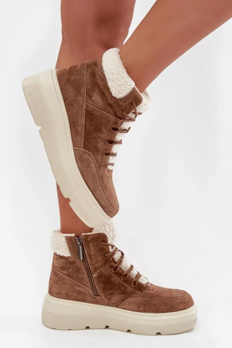 Zamszowe Śniegowce Damskie Z Kożuszkiem Na Platformie Vinceza 95354 Camel
