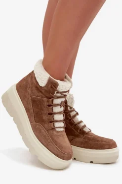 Zamszowe Śniegowce Damskie Z Kożuszkiem Na Platformie Vinceza 95354 Camel