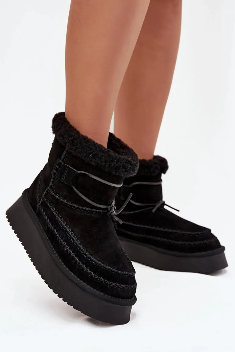 Zamszowe Śniegowce Damskie Z Ozdobnymi Przeszyciami Big Star SS274372 Czarne