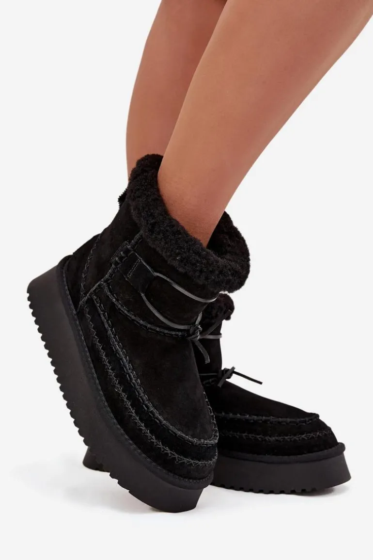 Zamszowe Śniegowce Damskie Z Ozdobnymi Przeszyciami Big Star SS274372 Czarne