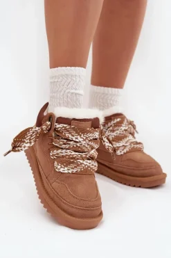 Zamszowe Śniegowce Damskie Z Futerkiem I Grubym Sznurowaniem Vinceza 97963 Camel