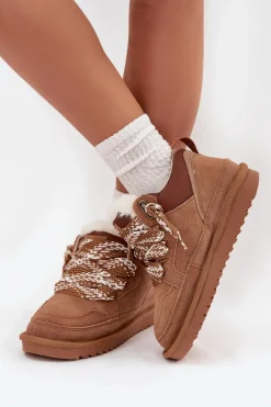 Zamszowe Śniegowce Damskie Z Futerkiem I Grubym Sznurowaniem Vinceza 97963 Camel