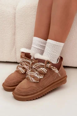 Zamszowe Śniegowce Damskie Z Futerkiem I Grubym Sznurowaniem Vinceza 97963 Camel