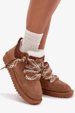 Zamszowe Śniegowce Damskie Z Futerkiem I Grubym Sznurowaniem Vinceza 97963 Camel
