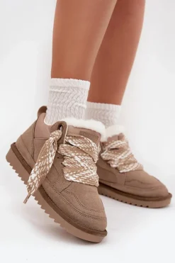 Zamszowe Śniegowce Damskie Z Futerkiem I Grubym Sznurowaniem Vinceza 97963 Beżowe