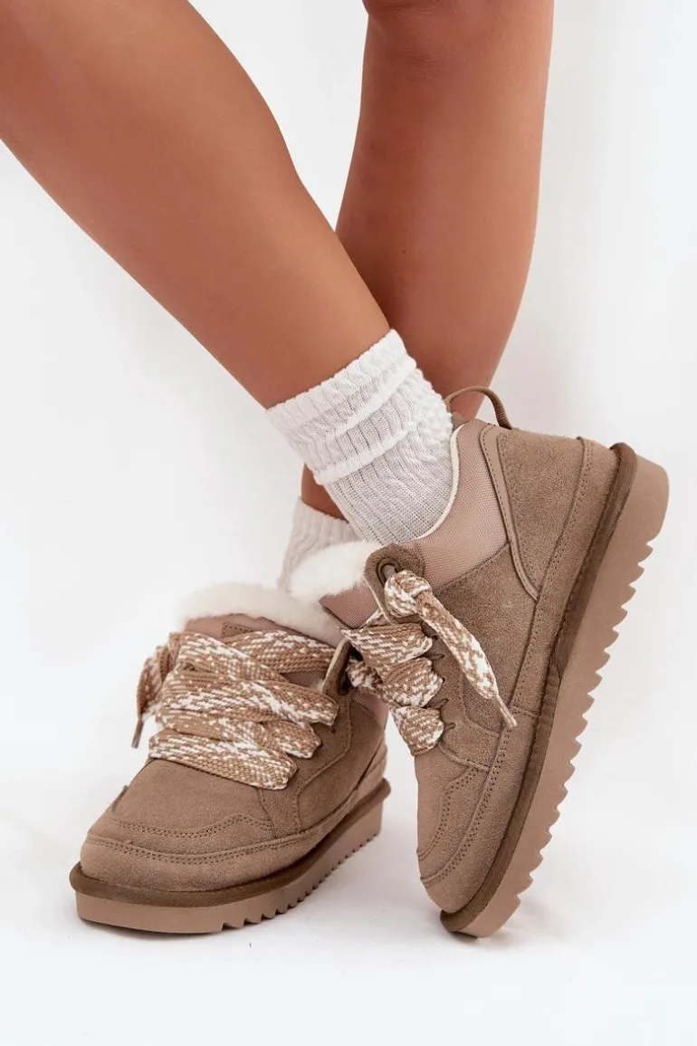 Zamszowe Śniegowce Damskie Z Futerkiem I Grubym Sznurowaniem Vinceza 97963 Beżowe