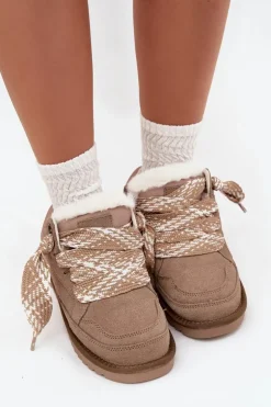 Zamszowe Śniegowce Damskie Z Futerkiem I Grubym Sznurowaniem Vinceza 97963 Beżowe