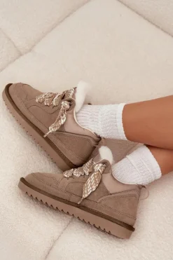 Zamszowe Śniegowce Damskie Z Futerkiem I Grubym Sznurowaniem Vinceza 97963 Beżowe