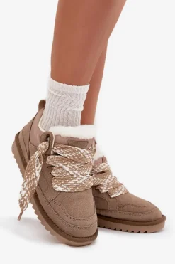 Zamszowe Śniegowce Damskie Z Futerkiem I Grubym Sznurowaniem Vinceza 97963 Beżowe