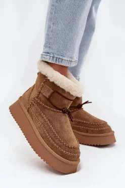 Zamszowe Śniegowce Damskie Z Ozdobnymi Przeszyciami Big Star SS274373 Camel