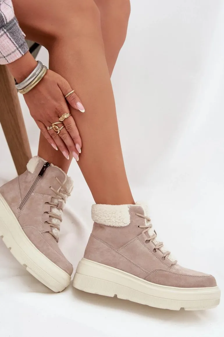 Zamszowe Śniegowce Damskie Z Kożuszkiem Na Platformie Vinceza 95354 Beżowe
