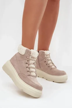 Zamszowe Śniegowce Damskie Z Kożuszkiem Na Platformie Vinceza 95354 Beżowe
