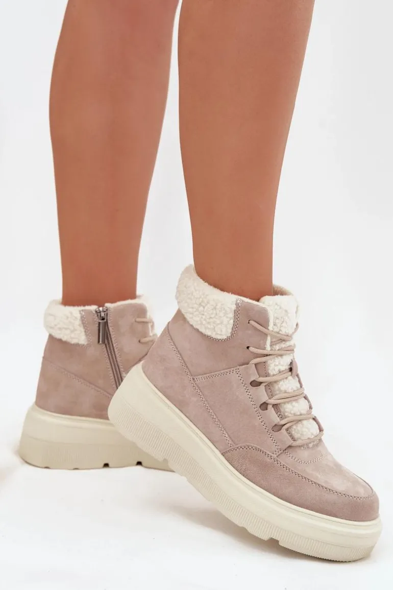 Zamszowe Śniegowce Damskie Z Kożuszkiem Na Platformie Vinceza 95354 Beżowe