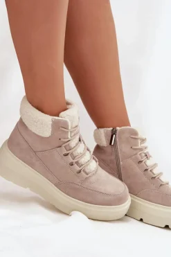 Zamszowe Śniegowce Damskie Z Kożuszkiem Na Platformie Vinceza 95354 Beżowe