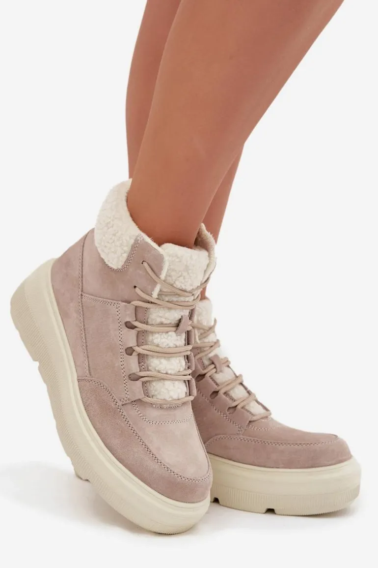 Zamszowe Śniegowce Damskie Z Kożuszkiem Na Platformie Vinceza 95354 Beżowe