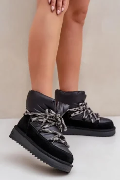 Zamszowe Śniegowce Damskie Z Grubym Sznurowaniem D.Franklin DFSH375003 Czarne