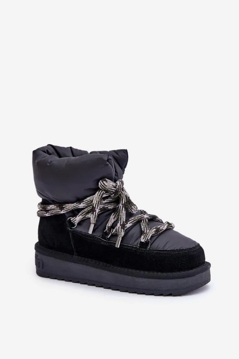 Zamszowe Śniegowce Damskie Z Grubym Sznurowaniem D.Franklin DFSH375003 Czarne