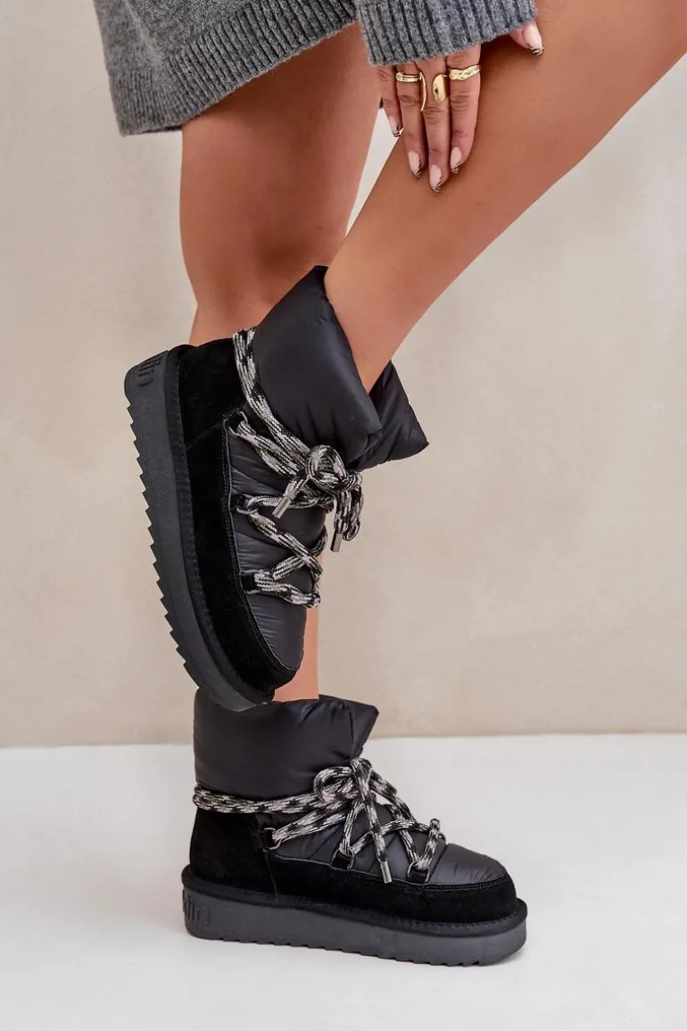 Zamszowe Śniegowce Damskie Z Grubym Sznurowaniem D.Franklin DFSH375003 Czarne