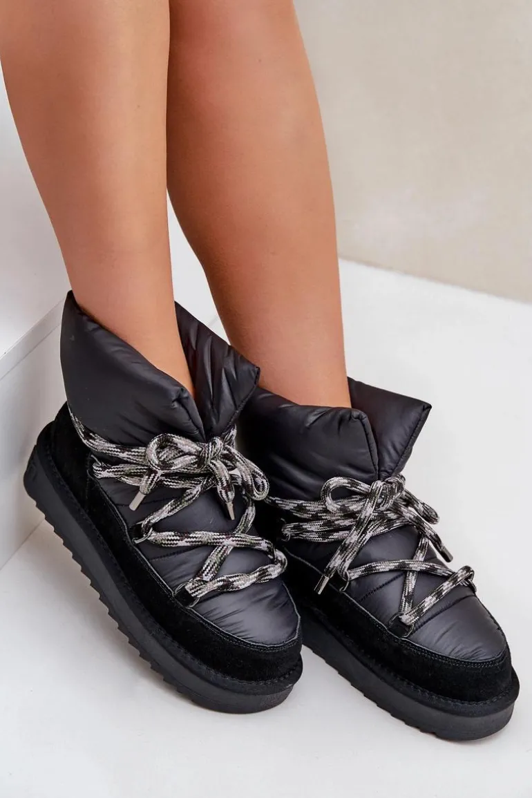 Zamszowe Śniegowce Damskie Z Grubym Sznurowaniem D.Franklin DFSH375003 Czarne