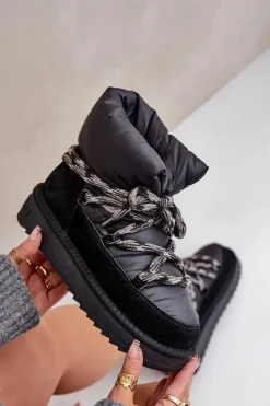 Zamszowe Śniegowce Damskie Z Grubym Sznurowaniem D.Franklin DFSH375003 Czarne