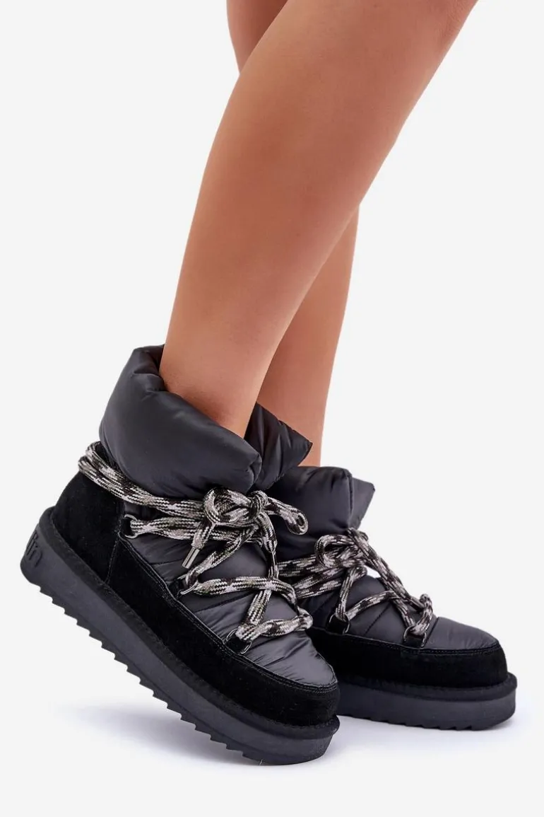 Zamszowe Śniegowce Damskie Z Grubym Sznurowaniem D.Franklin DFSH375003 Czarne