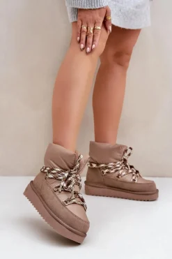 Zamszowe Śniegowce Damskie Z Grubym Sznurowaniem D.Franklin DFSH375003 Taupe