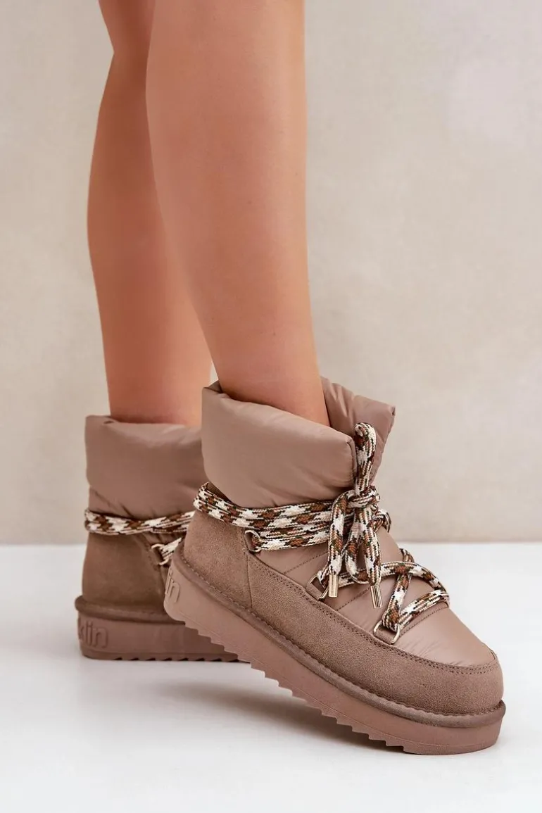 Zamszowe Śniegowce Damskie Z Grubym Sznurowaniem D.Franklin DFSH375003 Taupe