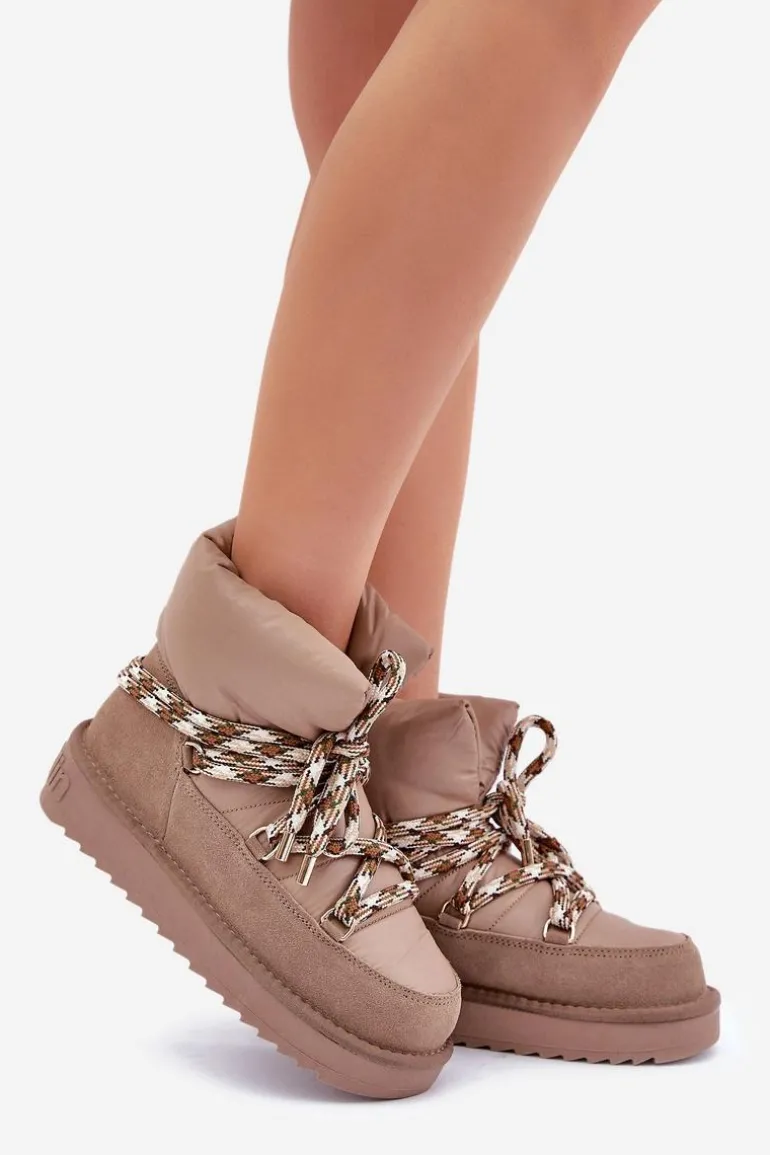 Zamszowe Śniegowce Damskie Z Grubym Sznurowaniem D.Franklin DFSH375003 Taupe