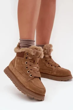 Zamszowe Śniegowce Trapery Damskie Na Platformie Z Futerkiem Big Star SS274370 Camel