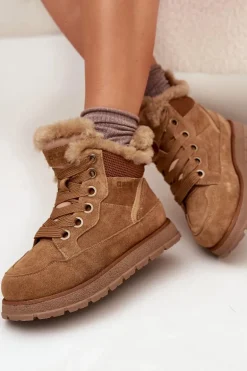 Zamszowe Śniegowce Trapery Damskie Na Platformie Z Futerkiem Big Star SS274370 Camel