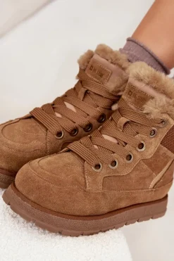 Zamszowe Śniegowce Trapery Damskie Na Platformie Z Futerkiem Big Star SS274370 Camel