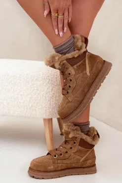 Zamszowe Śniegowce Trapery Damskie Na Platformie Z Futerkiem Big Star SS274370 Camel