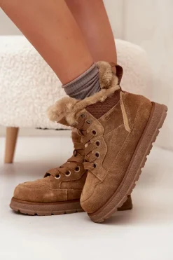 Zamszowe Śniegowce Trapery Damskie Na Platformie Z Futerkiem Big Star SS274370 Camel