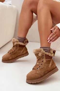 Zamszowe Śniegowce Trapery Damskie Na Platformie Z Futerkiem Big Star SS274370 Camel