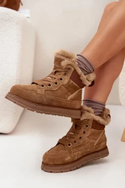 Zamszowe Śniegowce Trapery Damskie Na Platformie Z Futerkiem Big Star SS274370 Camel