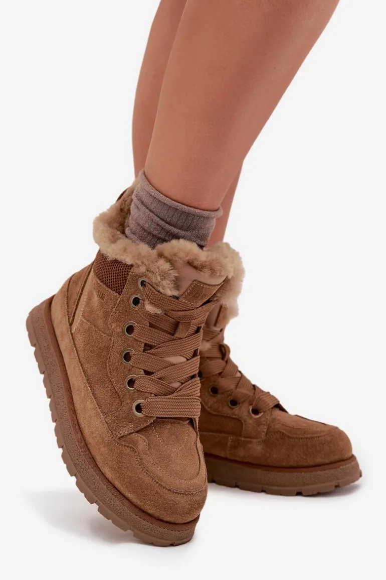 Zamszowe Śniegowce Trapery Damskie Na Platformie Z Futerkiem Big Star SS274370 Camel